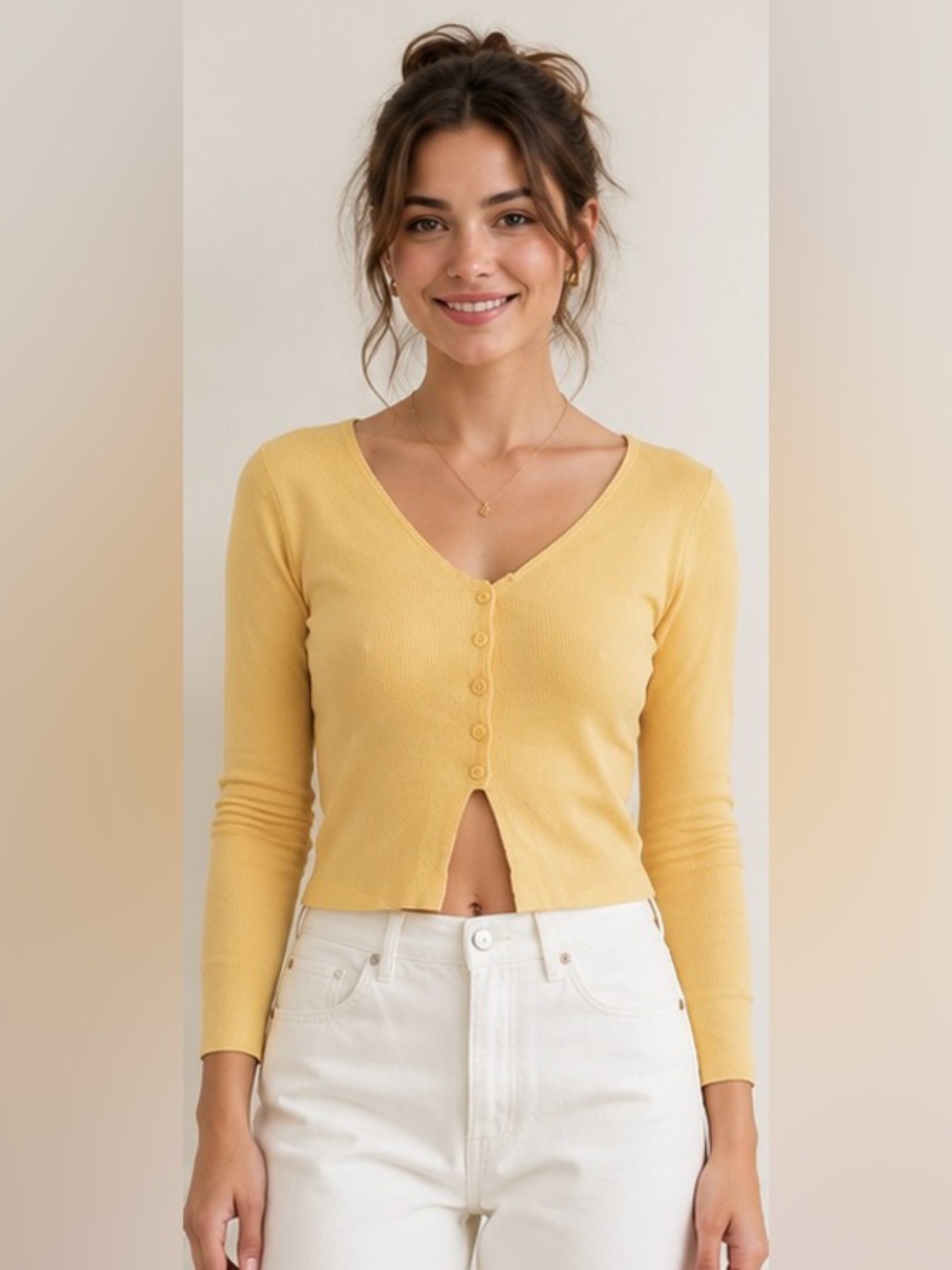 Banana Republic Yellow V-Neck Long Sleeve Button Cardigan